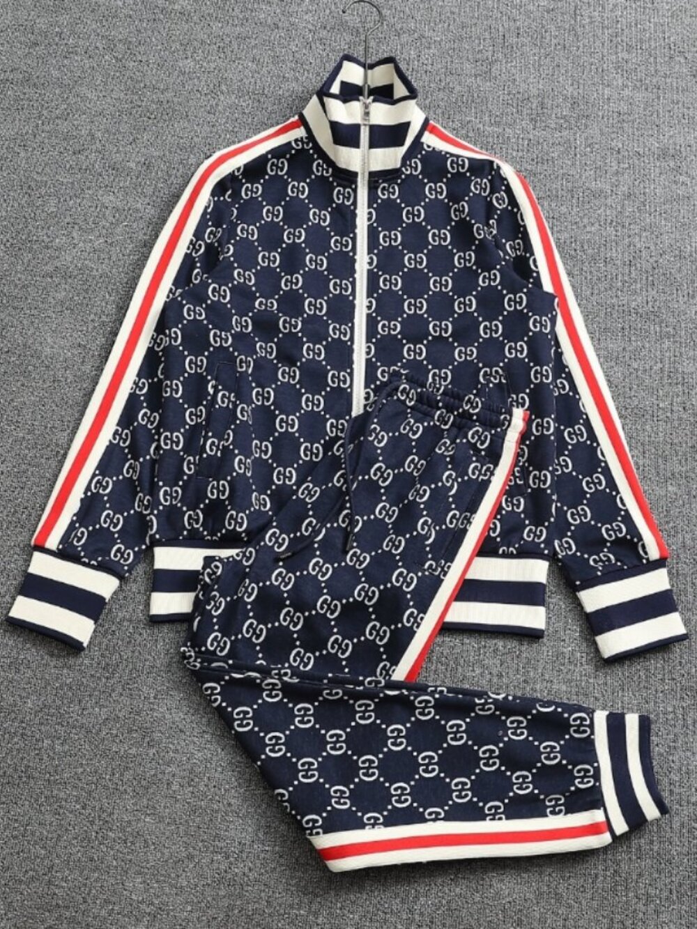 Gucci Blue and Red GG Monogram Bomber Jacket